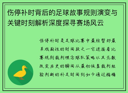 伤停补时背后的足球故事规则演变与关键时刻解析深度探寻赛场风云